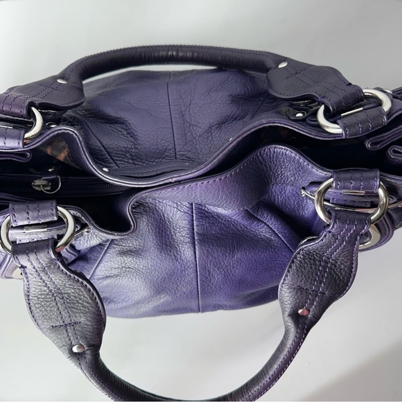 B. Makowsky Purple Pebbled Leather Satchel Cheetah Lining EUC - Picture 7 of 16